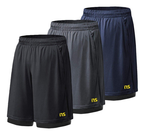 Kit 3 Shorts Bermuda Dry Fit Academia Fitness Duplo 2 Em 1